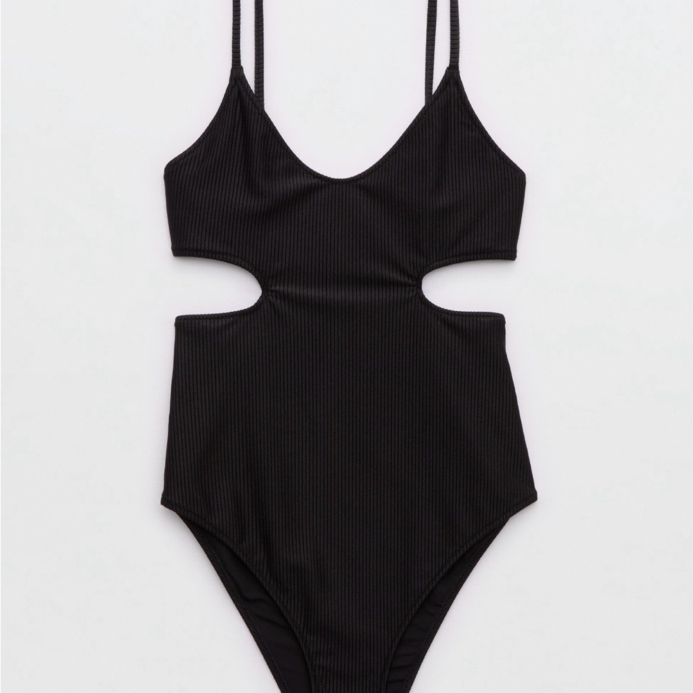 Aerie Black Cut-Out One Piece Swimsuit Adjustable Strap Women’s Size L